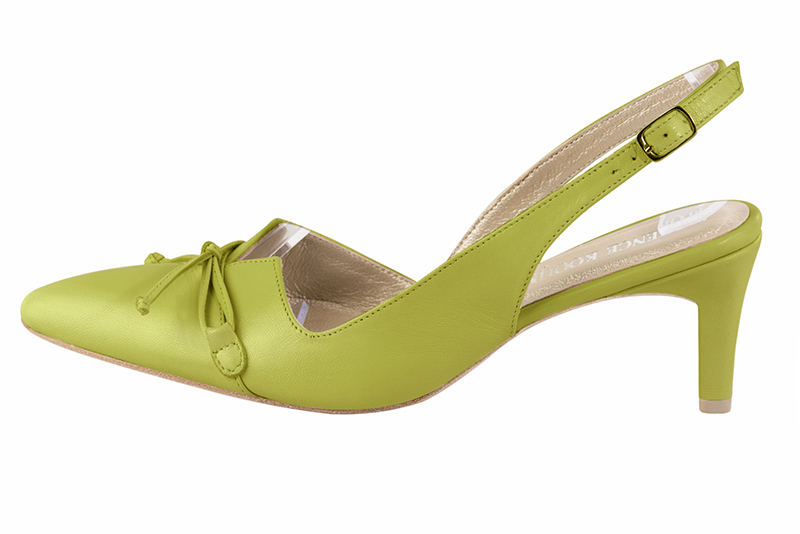Pistachio green women's open back shoes, with a knot. Tapered toe. Medium comma heels. Profile view - Florence KOOIJMAN